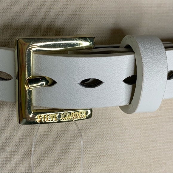 Steve Madden 1” Wide White Leather Belt with Gold Bucket Size Large 34”-38” New - Picture 8 of 11